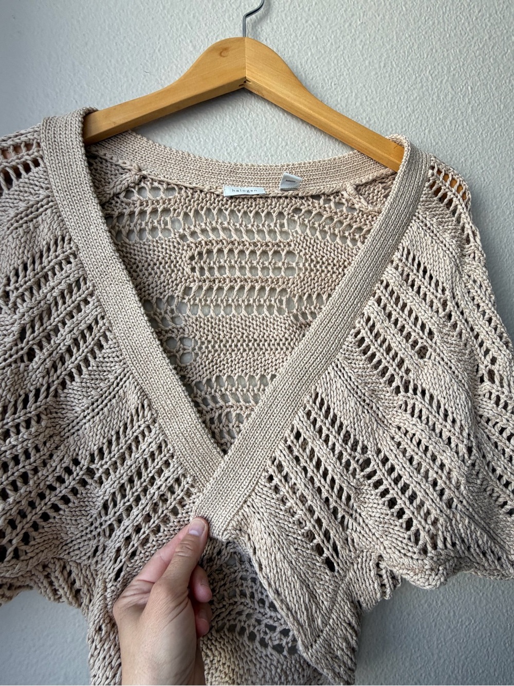 Halogen Beige Open-Knit Cropped Cardigan Shrug Size S/ M Boho Coastal Cotton - Picture 6 of 8